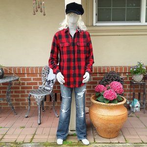 Buffalo Plaid Black and Red Flannel LS Button Down Shirt Faded Glory Sm 34-36